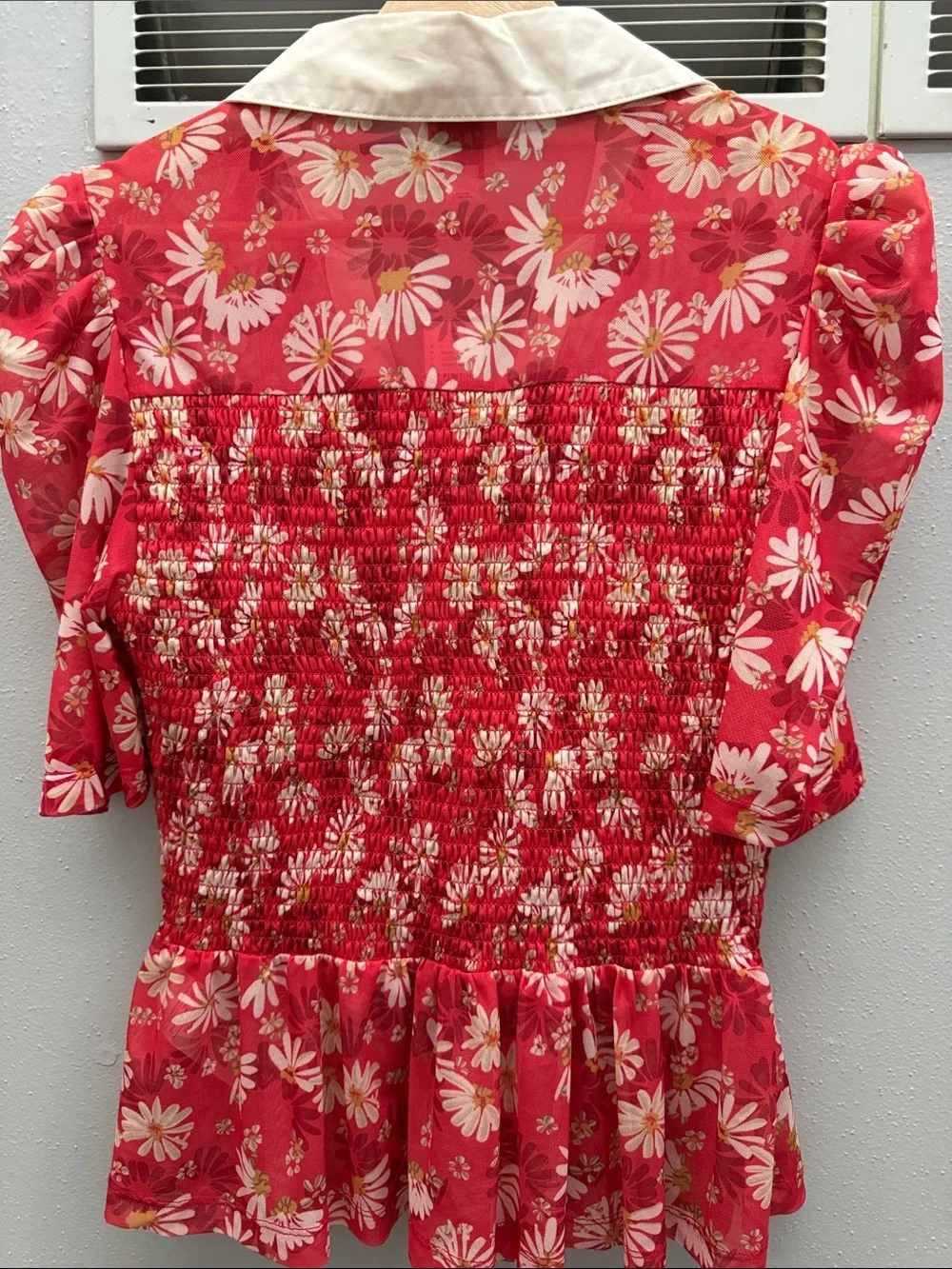 Maeve Red Floral Smocked Peplum Top with Cream Collar, NWT